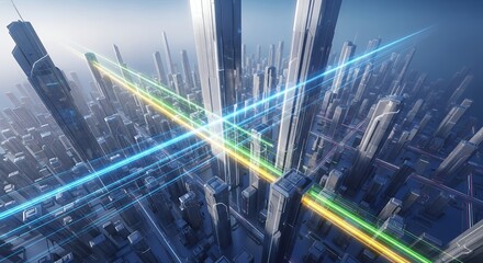 Futuristic cityscape aerial view with glowing lines connecting skyscrapers, concept for smart city infrastructure, data visualization and network communication