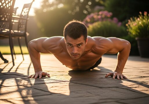 Man Doing Push-Ups on Sunny Patio - Powered by Adobe
