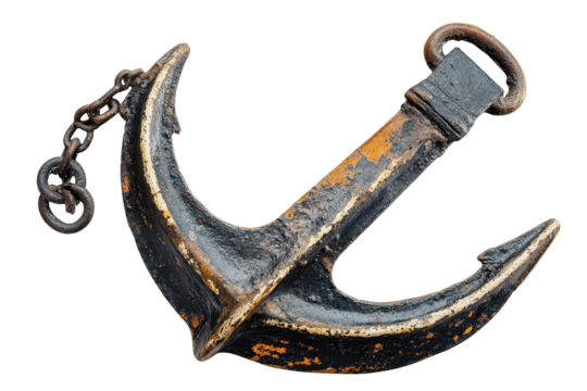 Ship anchor isolated on a white background showcasing detailed textures and colors reflective of its maritime utility and history in nautical settings