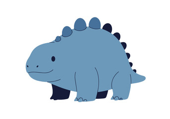 Fototapeta premium Adorable blue cartoon dinosaur with spikes on its back and tail walking happily