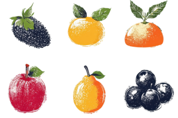 Vibrant fruit halftone grunge vector design featuring various fresh fruits in artistic style suitable for print and digital use