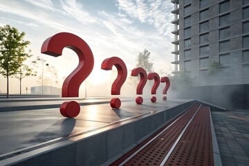 Giant red question marks lined up on a wet city street at sunrise