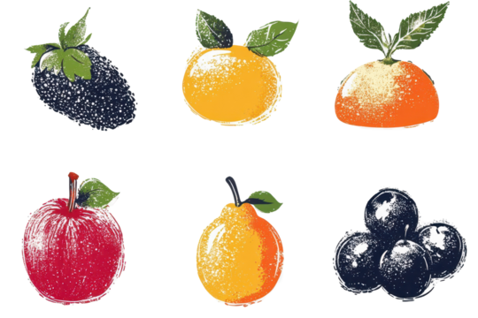 Vibrant fruit halftone grunge vector design featuring various fresh fruits in artistic style suitable for print and digital use