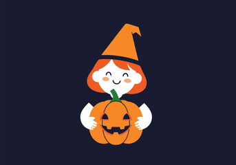 Adorable cartoon witch child holding a carved pumpkin for spooky halloween celebration occasion fun