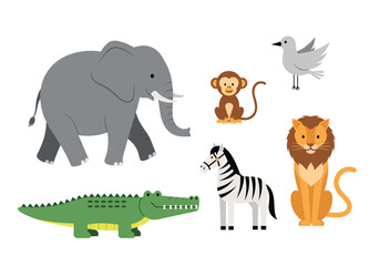 Naklejka premium Collection of diverse safari animals in a flat design style including a majestic elephant playful monkey fierce lion elegant zebra cunning crocodile and graceful bird