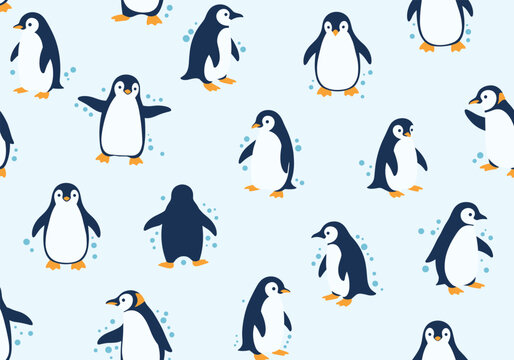 Fototapeta Charming penguin pattern featuring adorable waving birds amidst bubbles