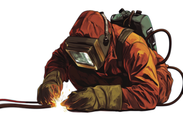 Welder performing intricate metalwork in protective gear with a focus on welding activity against a plain backdrop during daytime hours