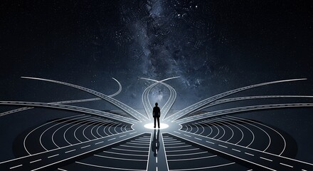 Silhouette of a man standing at a crossroads under starry sky with multiple diverging roads. Concept for career choice, strategic planning and navigating complex decisions