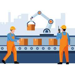Illustration of workers and a robotic arm on a conveyor belt, symbolizing factory automation, manufacturing, and industrial logistics.