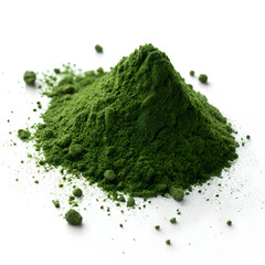 Deep green chlorella powder isolated on a white background, showcasing its fine texture, vibrant color