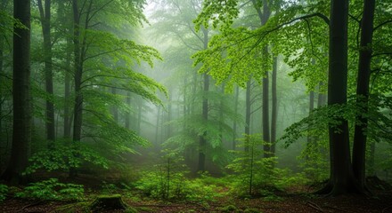 Fototapeta premium Enchanting Spring Mist: Deep Forest Path, Vibrant Green Canopy, Soft Light