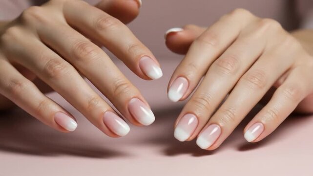 Elegant manicured hands with gradient nail design against a pink background in a beauty close up