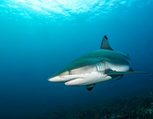Oceanic Whitetip Shark Swimming Gracefully in Deep Blue Waters.