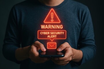 Digital Vigilance: A man is holding a smartphone with an illuminated “Cyber Security Alert” warning, emphasizing the critical role of digital awareness and protection in our interconnected world.