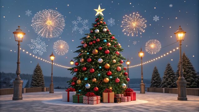 Christmas tree with golden star, colorful ornaments, presents and festive fireworks celebration outdoors at night 

