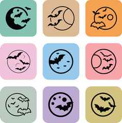 Nine Halloween icons with bats and moons night