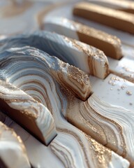 Close-up of abstract piano keys with marbled, gold, and white design