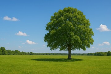 Obraz premium Solitary Tree in the Field: A majestic tree stands alone in a field, casting a gentle shadow under the vast blue sky. Representing strength, resilience and tranquility.
