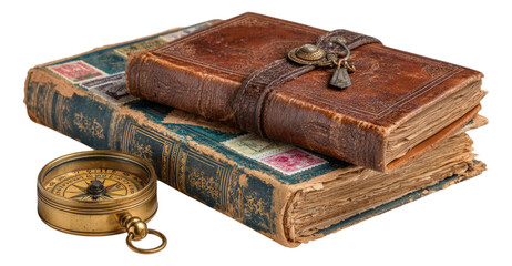 Vintage Leather Bound Books with Classic Compass