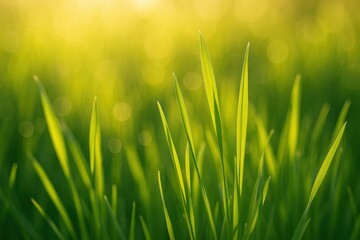 Fototapeta premium Green blades of grass: A macro view of vibrant green grass blades illuminated by soft sunlight, the blurred background adds a sense of depth and serenity, a peaceful scene.