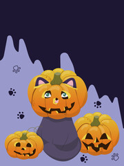 Halloween vector illustration featuring a central jack-o-lantern with cat features, surrounded by two smaller pumpkins. A whimsical design ideal for festive projects.