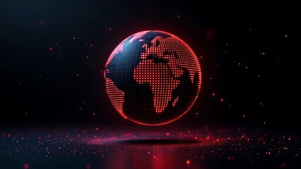 Futuristic glowing earth globe made of red dots over particle field in dark background, symbolizing technology, data, and global connection