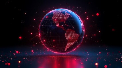 Futuristic glowing earth globe made of red dots over particle field in dark background, symbolizing technology, data, and global connection