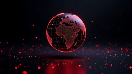 Futuristic glowing earth globe made of red dots over particle field in dark background, symbolizing technology, data, and global connection