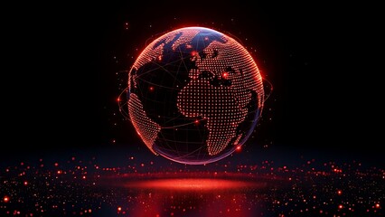 Futuristic glowing earth globe made of red dots over particle field in dark background, symbolizing technology, data, and global connection