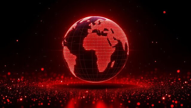 Futuristic glowing earth globe made of red dots over particle field in dark background, symbolizing technology, data, and global connection