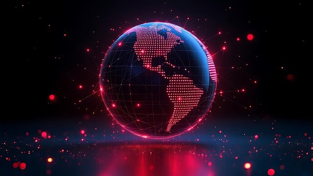 Futuristic glowing earth globe made of red dots over particle field in dark background, symbolizing technology, data, and global connection - Powered by Adobe