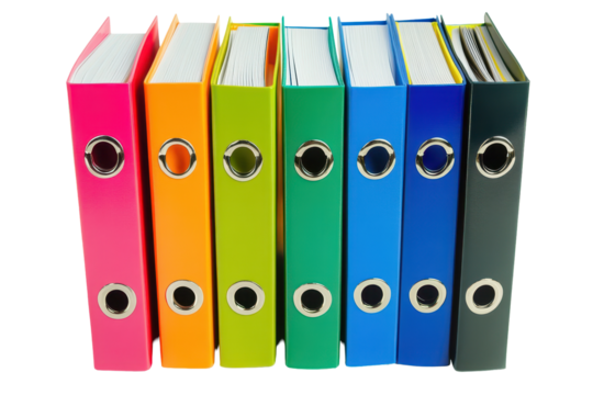 Colorful office ring binders arranged neatly on a white background showcasing various shades ideal for organizing documents