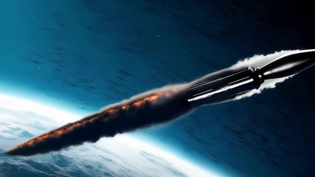 A missile with a nuclear warhead flies above the Earth, invincible force and danger