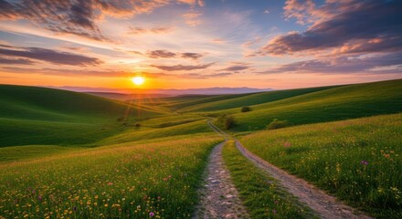 Obraz premium Golden Sunset Over a Winding Country Road Through Lush Rolling Hills and Wildflower Fields.