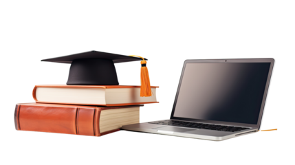 Graduation cap and books on laptop for online education isolated on white background