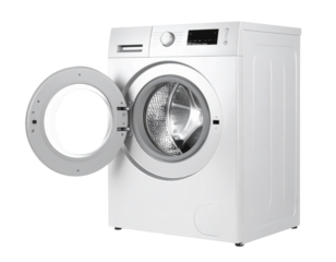 Front Load Automatic Washing Machine with Digital Display, Isolated on White Background