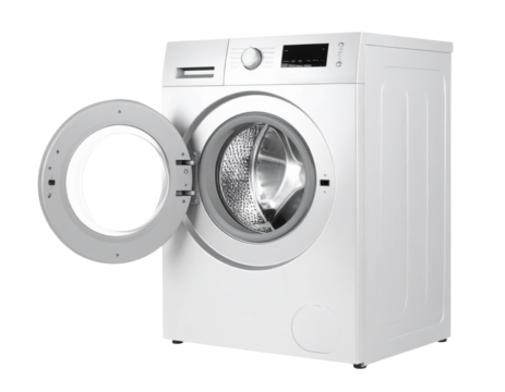 Front Load Automatic Washing Machine with Digital Display, Isolated on White Background