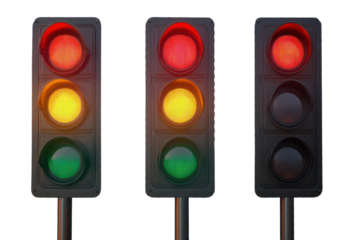 Trio of vertical traffic lights displaying red, yellow, and green signals against a transparent background showcasing gigapixel detail