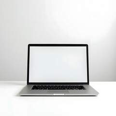 Sleek laptop with blank display on modern white table