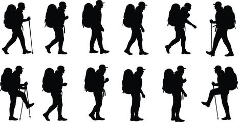 Silhouette of hikers walking with backpacks, trekking poles, outdoor adventure travel, mountain hiking, camping journey, active lifestyle exploration illustration