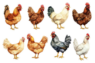 Collection of cartoon chickens featuring various breeds and colors displayed on a transparent background for creative design projects and educational use
