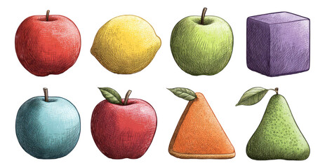 Colorful Fruits and Shapes on Isolated Background