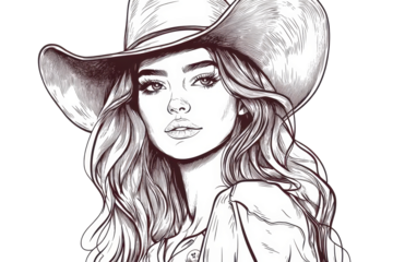 Vintage line art drawing of a stylish woman wearing a cowboy hat in an expressive pose showcasing rustic charm and individuality