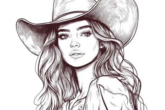 Vintage line art drawing of a stylish woman wearing a cowboy hat in an expressive pose showcasing rustic charm and individuality
