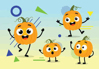 Obraz premium Cheerful cartoon pumpkins with fun geometric shapes for autumn Halloween celebrations