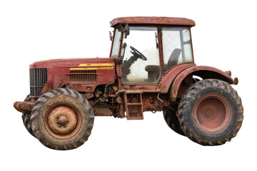 Obraz premium Old red agricultural tractor parked on a rural field with dirt and mud, showing signs of wear and age under cloudy skies