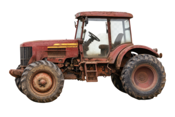 Old red agricultural tractor parked on a rural field with dirt and mud, showing signs of wear and age under cloudy skies