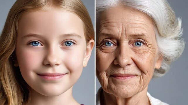 Evolution: a visual representation of the passage of time, contrasting the radiant innocence of youth with the profound wisdom and life experiences etched onto the face of age.