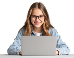 Happy Student Girl Engaged in E-Learning, Front View, Laptop Interaction, Transparent PNG