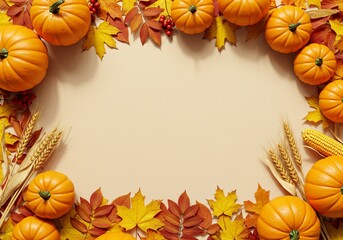 Fototapeta premium Autumn holidays frame with pumpkins, fall leaves, berries, and wheat. Thanksgiving harvest season celebration with copy space, fall menu design, farmers market banner ads or seasonal social media post